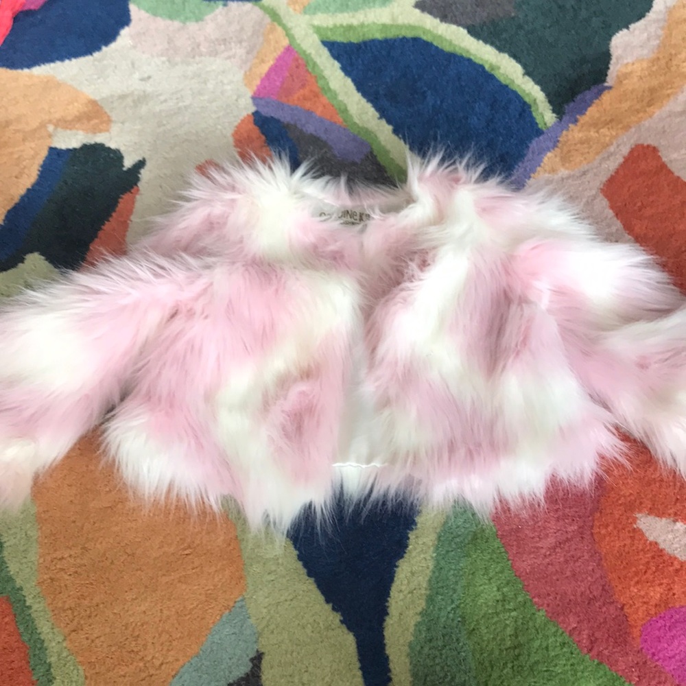 Girls Pink And White Unicorn Faux Fur Jacket